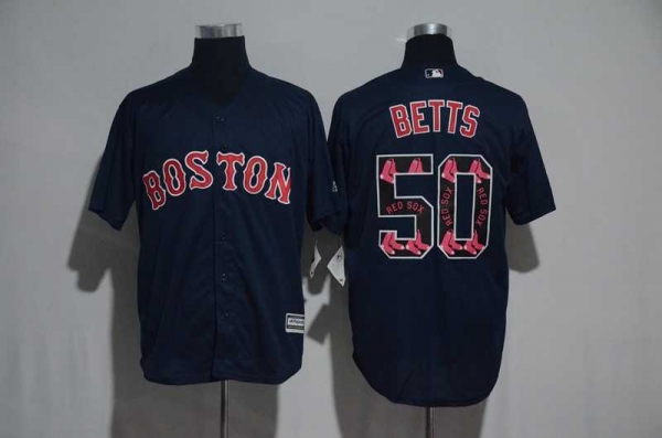 Boston Red Sox #50 Mookie Betts Navy Team Logo Print Cool Base Stitched Baseball Jersey