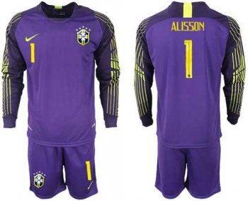 Brazil #1 Alisson Purple Goalkeeper Long Sleeves Soccer Country Jersey