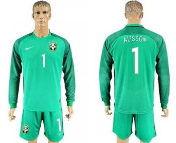 Brazil #1 Alisson Green Goalkeeper Long Sleeves Soccer Country Jersey