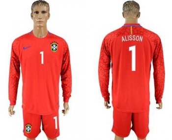 Brazil #1 Alisson Red Goalkeeper Long Sleeves Soccer Country Jersey