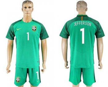 Brazil #1 Jefferson Green Goalkeeper Soccer Country Jersey