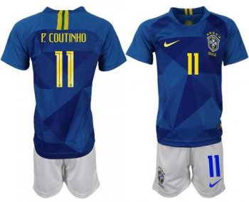 Brazil #11 P.Coutinho Away Kid Soccer Country Jersey