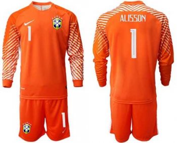 Brazil #1 Alisson Orange Goalkeeper Long Sleeves Soccer Country Jersey