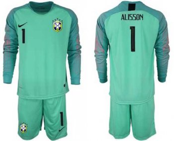 Brazil #1 Alisson Green Goalkeeper Long Sleeves Soccer Country Jersey