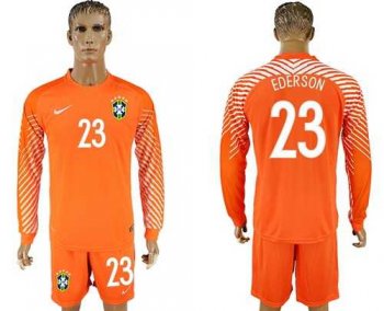 Brazil #23 Ederson Orange Goalkeeper Long Sleeves Soccer Country Jersey