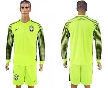 Brazil Blank Shiny Green Long Sleeves Goalkeeper Soccer Country Jersey