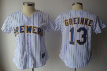 Cheap Women Milwaukee Brewers 13 Zack Greinke White(Blue strip)Jersey