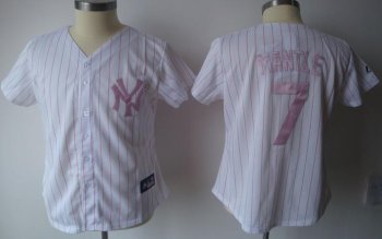 Cheap Women New York Yankees 7 Mickey Mantle White(Pink Strip)Jersey