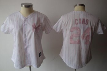 Cheap Women New York Yankees 24 Robinson Cano White Pink Strip Jersey