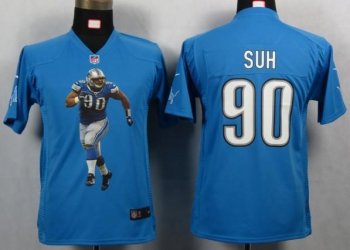 Kids Nike Detroit Lions 90 Suh Blue Portrait Fashion Game Jerseys Cheap