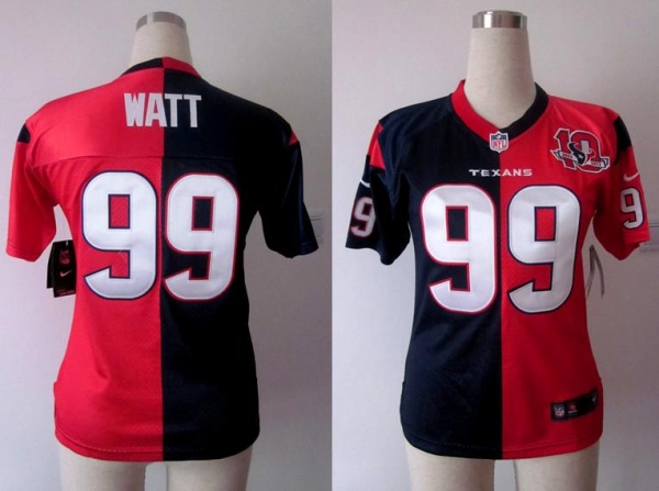 Cheap Women Nike Houston Texans 99# J.J. Watt Blue-Red Split NFL Jerseys W 10TH Patch