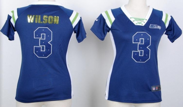 Cheap Women Nike Seattle Seahawks 3 Russell Wilson Blue Handwork Sequin Name Fashion NFL Jerseys