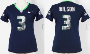 Cheap Women Nike Seattle Seahawks 3 Russell Wilson Blue Handwork Sequin lettering Fashion NFL Jerseys