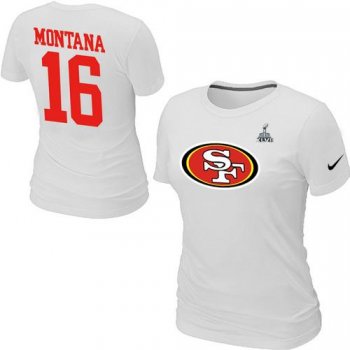 Cheap Women Nike San Francisco 49ers 16 Montana Name & Number Super Bowl XLVII White NFL Football T-Shirt