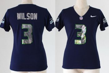 Cheap Women Nike Seattle Seahawks 3 Russell Wilson Blue Handwork Sequin lettering Fashion NFL Jerseys