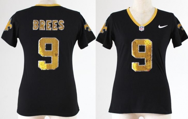 Cheap Women Nike New Orleans Saints 9 Drew Brees Black Handwork Sequin lettering Fashion NFL Jerseys