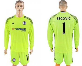 Chelsea #1 Begovic Shiny Green Goalkeeper Long Sleeves Soccer Club Jersey