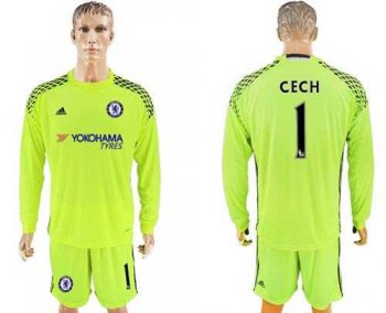 Chelsea #1 Cech Shiny Green Goalkeeper Long Sleeves Soccer Club Jersey