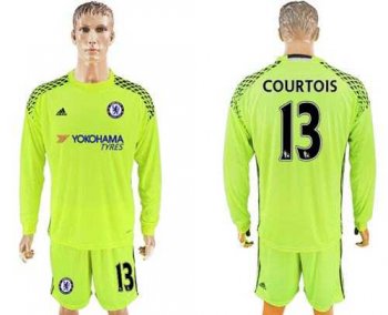 Chelsea #13 Courtois Shiny Green Goalkeeper Long Sleeves Soccer Club Jersey