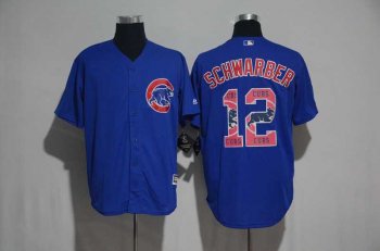 Chicago Cubs #12 Kyle Schwarber Blue Team Logo Print Cool Base Stitched Baseball Jersey