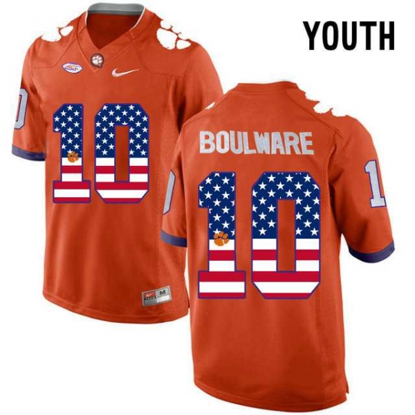 Youth Clemson Tigers #10 Ben Boulware Orange USA Flag Youth College Football Jersey