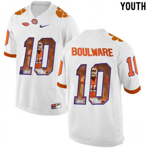 Youth Clemson Tigers #10 Ben Boulware White With Portrait Print Youth College Football Jersey6