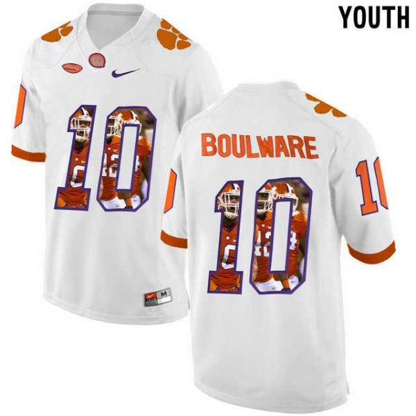 Youth Clemson Tigers #10 Ben Boulware White With Portrait Print Youth College Football Jersey7