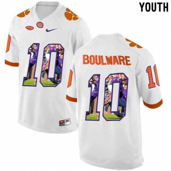 Youth Clemson Tigers #10 Ben Boulware White With Portrait Print Youth College Football Jersey8