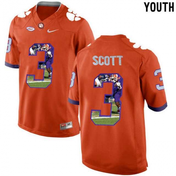 Youth Clemson Tigers #3 Artavis Scott Orange With Portrait Print Youth College Football Jersey2