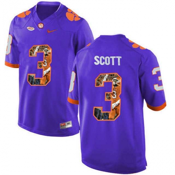 Clemson Tigers #3 Artavis Scott Purple With Portrait Print College Football Jersey2