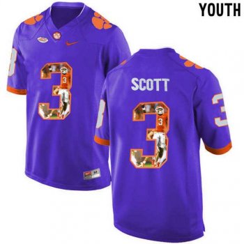 Youth Clemson Tigers #3 Artavis Scott Purple With Portrait Print Youth College Football Jersey