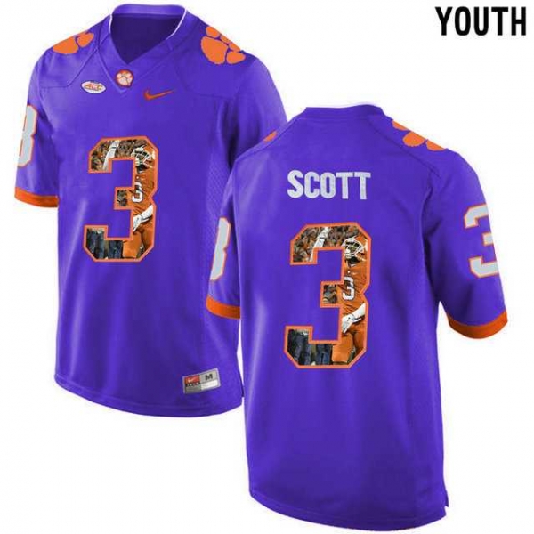 Youth Clemson Tigers #3 Artavis Scott Purple With Portrait Print Youth College Football Jersey2