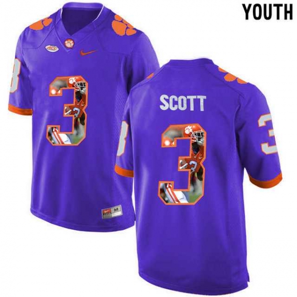 Youth Clemson Tigers #3 Artavis Scott Purple With Portrait Print Youth College Football Jersey4