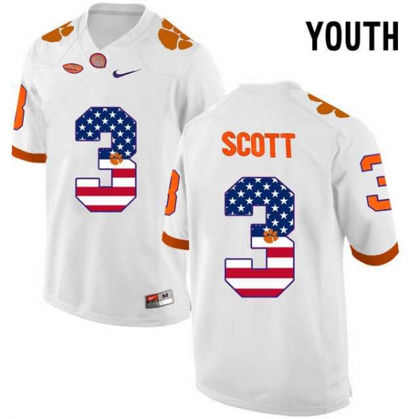 Youth Clemson Tigers #3 Artavis Scott White USA Flag Youth College Football Jersey