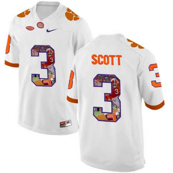 Clemson Tigers #3 Artavis Scott White With Portrait Print College Football Jersey2