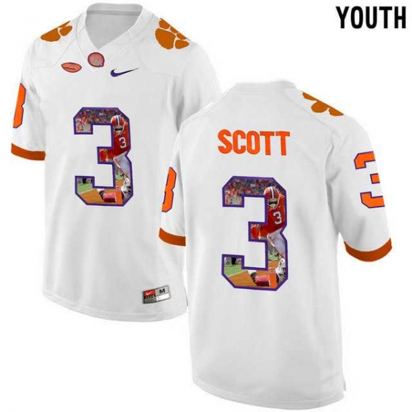 Youth Clemson Tigers #3 Artavis Scott White With Portrait Print Youth College Football Jersey