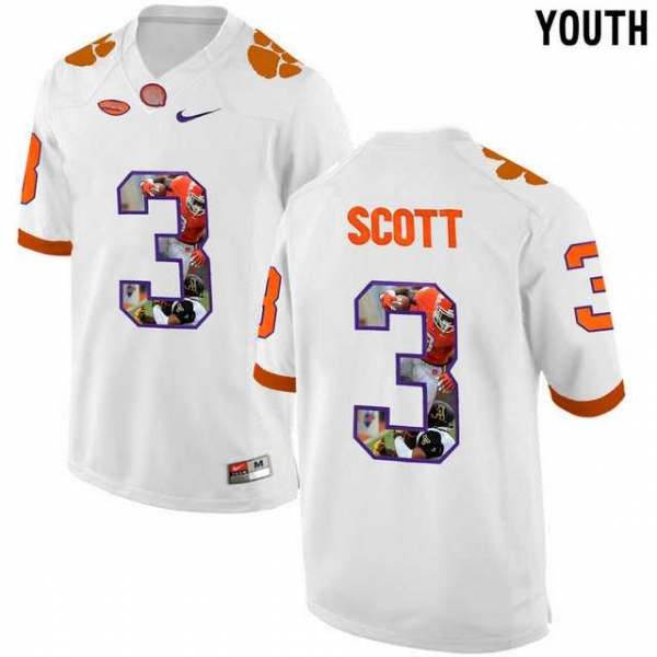 Youth Clemson Tigers #3 Artavis Scott White With Portrait Print Youth College Football Jersey2