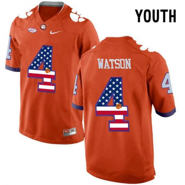 Youth Clemson Tigers #4 DeShaun Watson Orange USA Flag Youth College Football Jersey