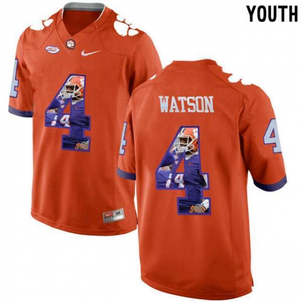 Youth Clemson Tigers #4 DeShaun Watson Orange With Portrait Print Youth College Football Jersey2