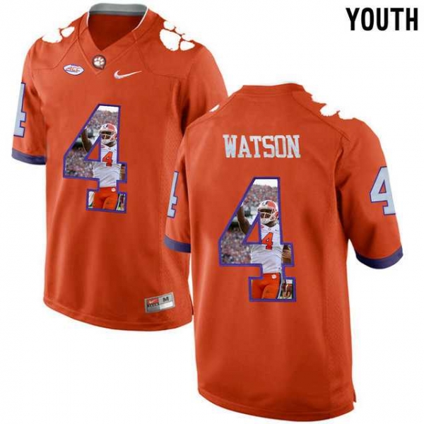 Youth Clemson Tigers #4 DeShaun Watson Orange With Portrait Print Youth College Football Jersey3