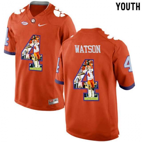 Youth Clemson Tigers #4 DeShaun Watson Orange With Portrait Print Youth College Football Jersey5