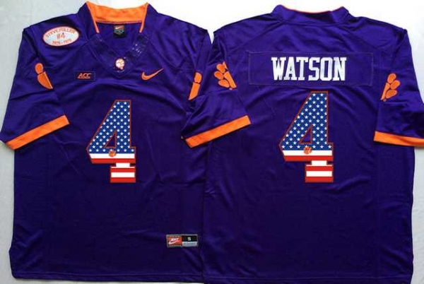 Clemson Tigers #4 Deshaun Watson Purple USA Flag College Jersey