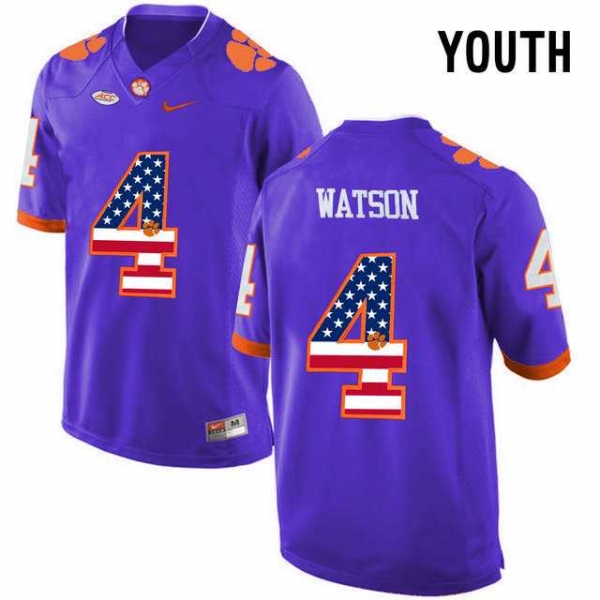 Youth Clemson Tigers #4 DeShaun Watson Purple USA Flag Youth College Football Jersey