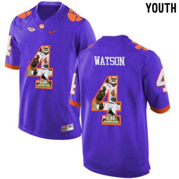 Youth Clemson Tigers #4 DeShaun Watson Purple With Portrait Print Youth College Football Jersey3