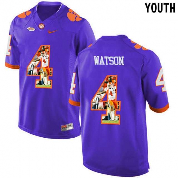 Youth Clemson Tigers #4 DeShaun Watson Purple With Portrait Print Youth College Football Jersey4