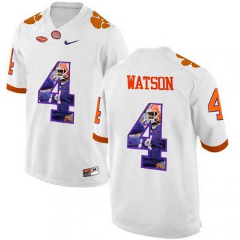 Clemson Tigers #4 DeShaun Watson White With Portrait Print College Football Jersey