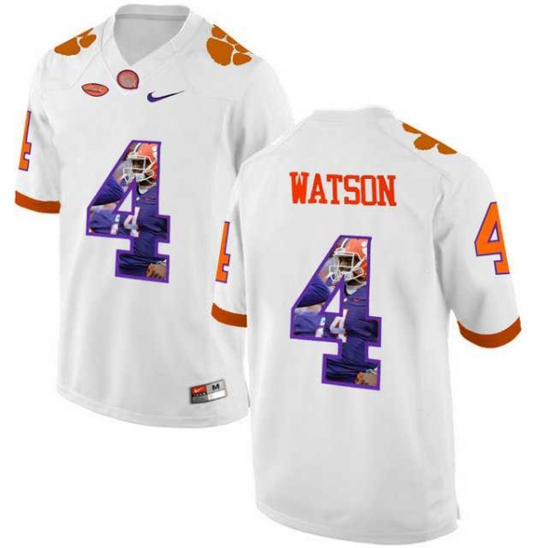 Clemson Tigers #4 DeShaun Watson White With Portrait Print College Football Jersey