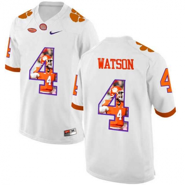 Clemson Tigers #4 DeShaun Watson White With Portrait Print College Football Jersey2