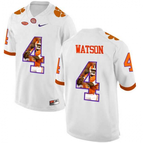 Clemson Tigers #4 DeShaun Watson White With Portrait Print College Football Jersey3