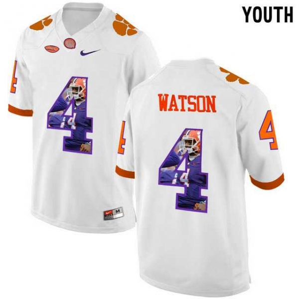 Youth Clemson Tigers #4 DeShaun Watson White With Portrait Print Youth College Football Jersey